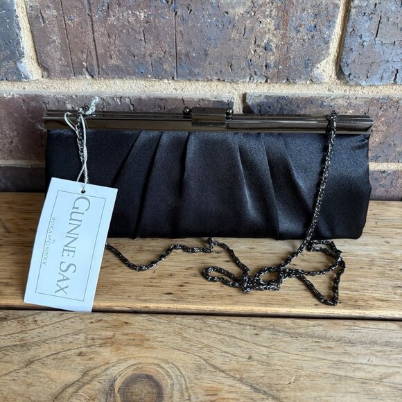 Gunne Sax Jessica McClintock Black Satin Evening Bag with Gun Metal Chain NWT - Picture 1 of 15